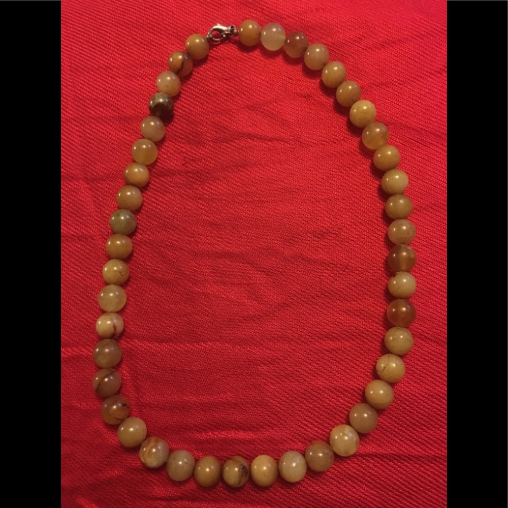 Necklace, 17 inches long, green and amber color.